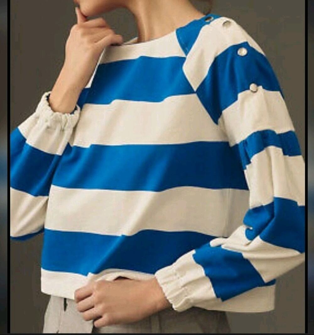 Maeve by Anthro French Terry Sweatshirt Blue White Stripes Silver Snaps Small